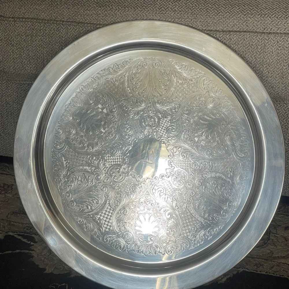Silver Plated Serving Platter 20" Lg Butlers Tray Embossed Scroll Monogrammed L - Picture 2 of 5